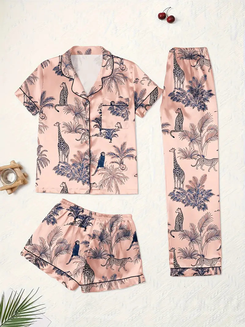 3-Piece Women’s Pajama Set – Short Sleeve Top, Shorts & Pants, Beige Heart Print, Button-Up Collar Loungewear