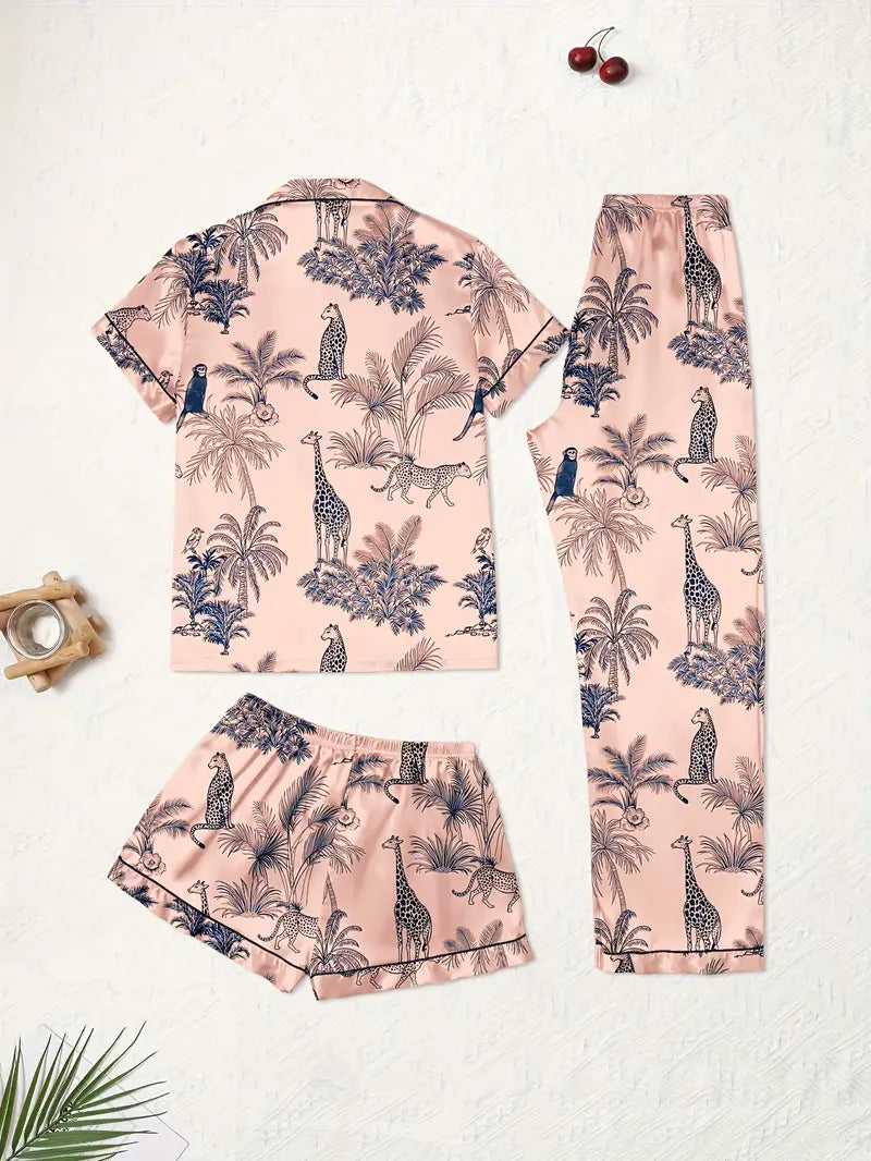 3-Piece Women’s Pajama Set – Short Sleeve Top, Shorts & Pants, Beige Heart Print, Button-Up Collar Loungewear