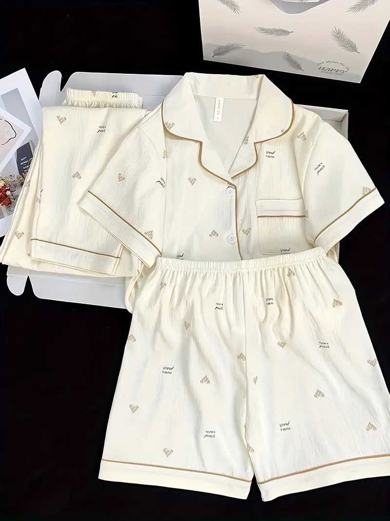 3-Piece Women’s Pajama Set – Short Sleeve Top, Shorts & Pants, Beige Heart Print, Button-Up Collar Loungewear