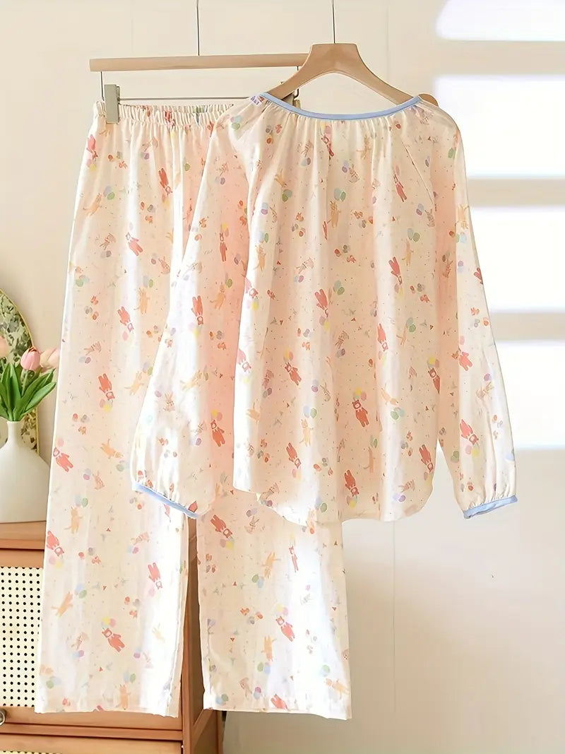 Women’s Elegant Floral Long Sleeve Pajama Set – Crew Neck