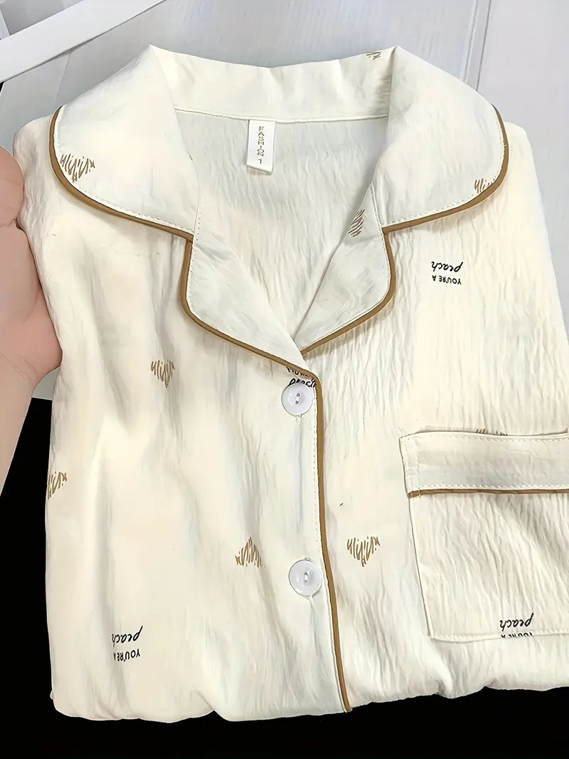 3-Piece Women’s Pajama Set – Short Sleeve Top, Shorts & Pants, Beige Heart Print, Button-Up Collar Loungewear