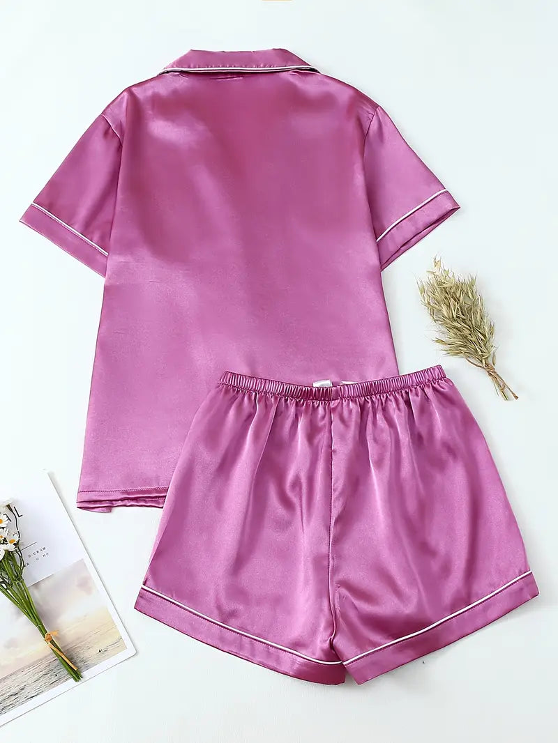 Women’s Pajama Set – Short Sleeve Button-Up Top & Fitted Shorts with Bow Detail, Comfortable Sleep 2