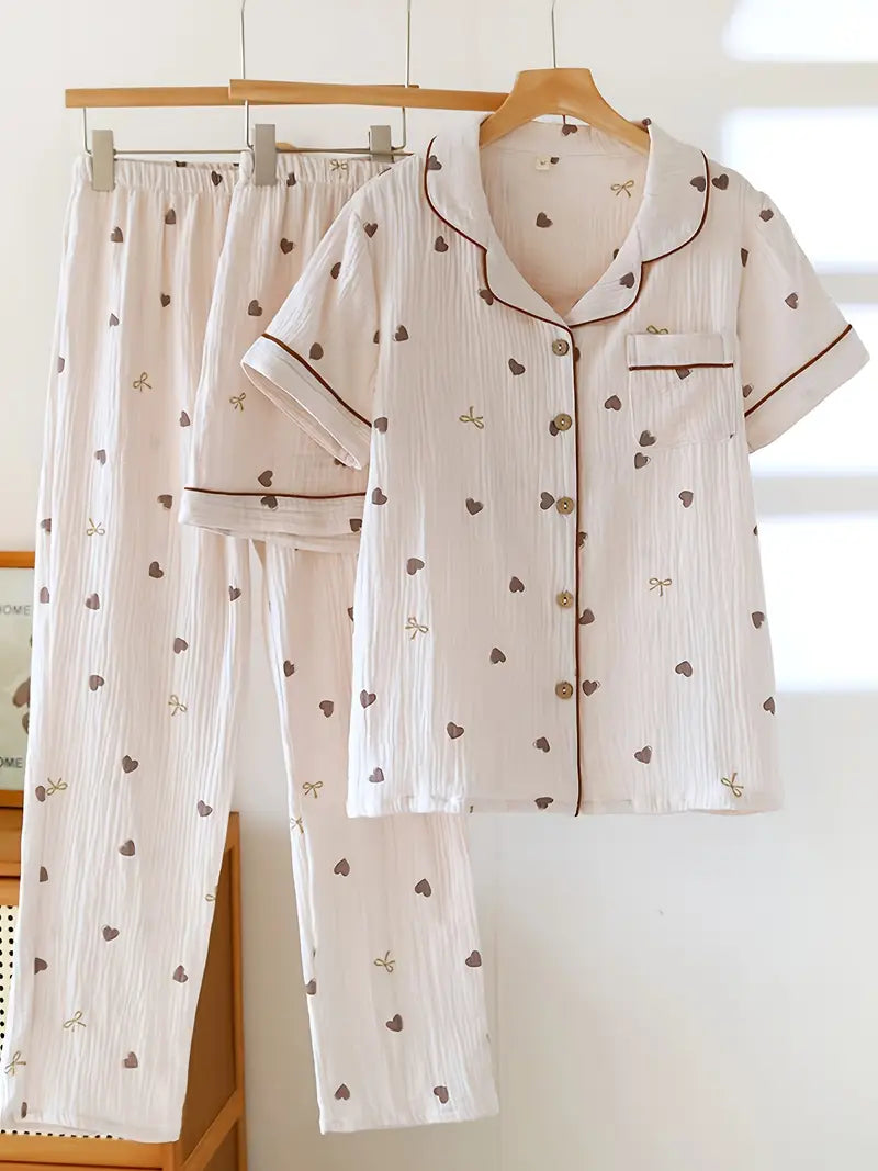 3-Piece Women’s Pajama Set – Short Sleeve Top, Shorts & Pants, Beige Heart Print, Button-Up Collar Loungewear