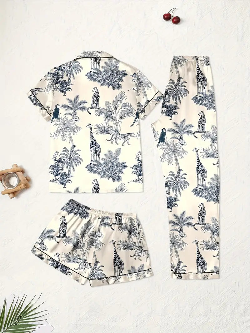 3-Piece Women’s Pajama Set – Short Sleeve Top, Shorts & Pants, Beige Heart Print, Button-Up Collar Loungewear