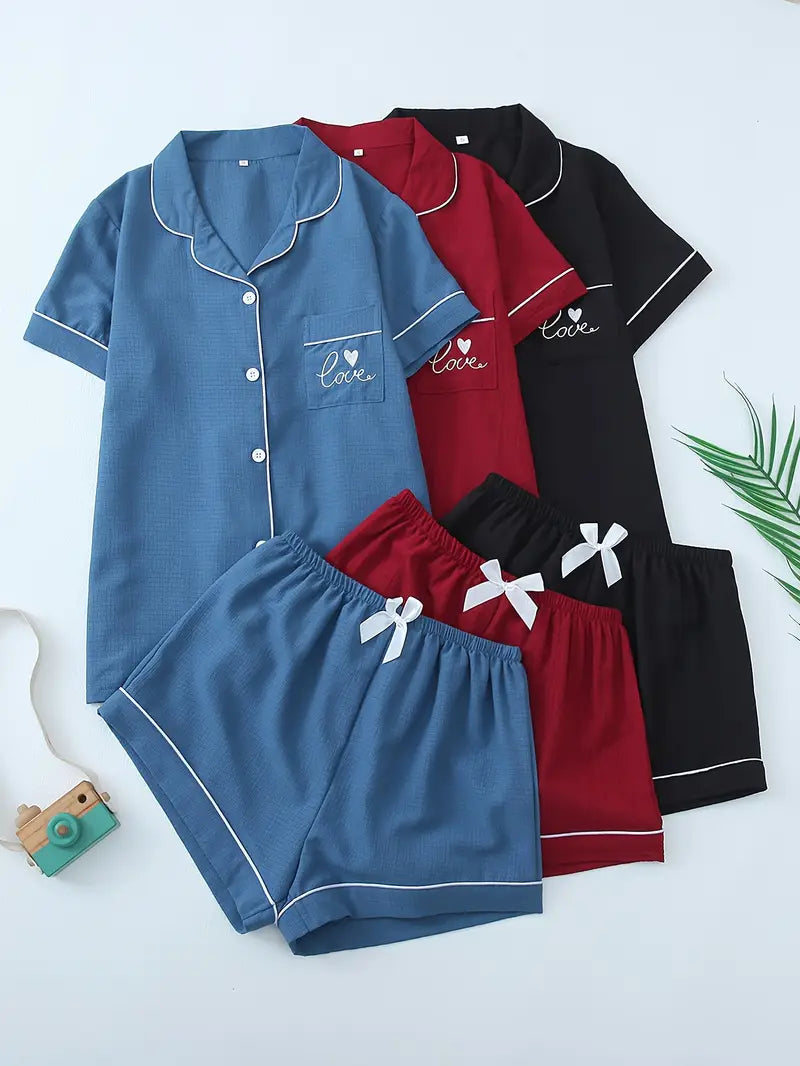 Women's Solid Color Collar Embroidery Pajama Three-Set Combination 2