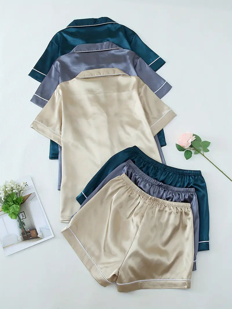 Women’s Pajama Set – Short Sleeve Button-Up Top & Fitted Shorts with Bow Detail, Comfortable Sleepwear