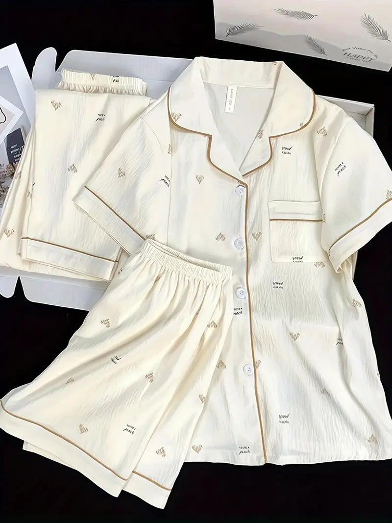 3-Piece Women’s Pajama Set – Short Sleeve Top, Shorts & Pants, Beige Heart Print, Button-Up Collar Loungewear