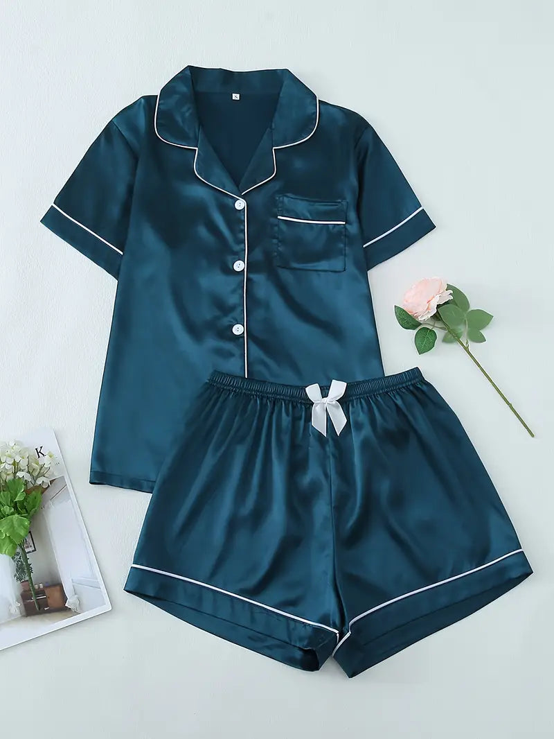 Women’s Pajama Set – Short Sleeve Button-Up Top & Fitted Shorts with Bow Detail, Comfortable Sleepwear