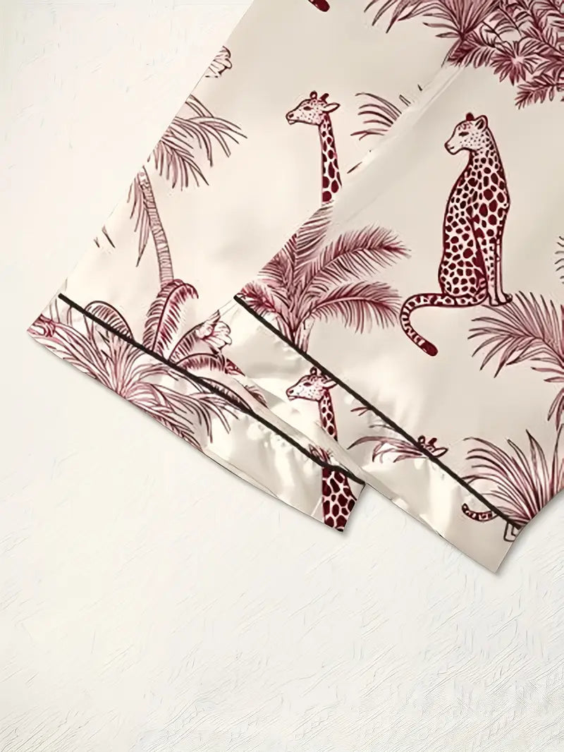 3-Piece Women’s Pajama Set – Short Sleeve Top, Shorts & Pants, Beige Heart Print, Button-Up Collar Loungewear