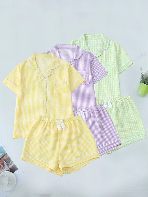 3 Sets Teen Plaid Pajamas – Short Sleeve Collar Top & Elastic Shorts, All-Season Loungewear