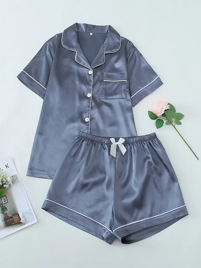 Women’s Pajama Set – Short Sleeve Button-Up Top & Fitted Shorts with Bow Detail, Comfortable Sleepwear