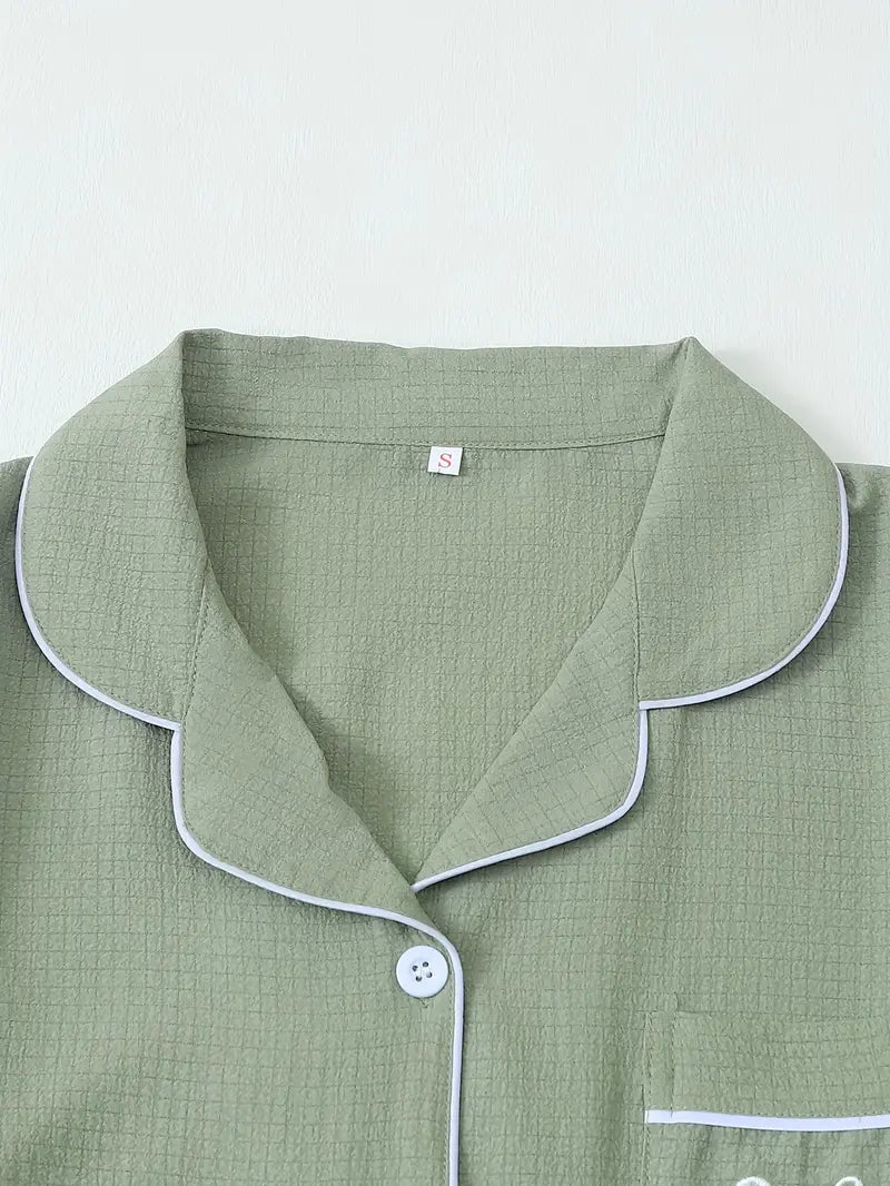 Women's Solid Color Collar Embroidery Pajama Three-Set Combination 3