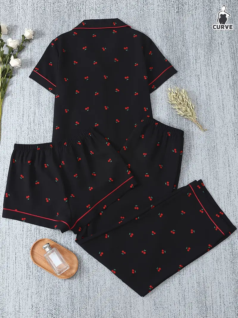 3-Piece Women’s Pajama Set – Short Sleeve Top, Shorts & Pants, Beige Heart Print, Button-Up Collar Loungewear