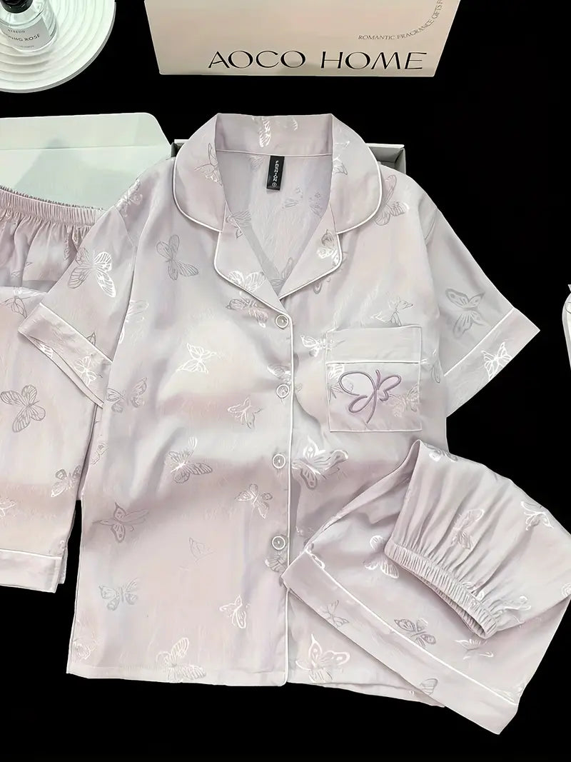 3-Piece Women’s Pajama Set – Short Sleeve Top, Shorts & Pants, Beige Heart Print, Button-Up Collar Loungewear