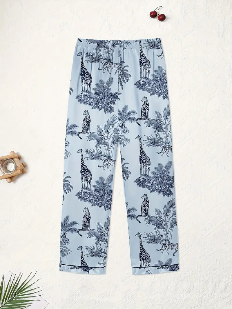 3-Piece Women’s Pajama Set – Short Sleeve Top, Shorts & Pants, Beige Heart Print, Button-Up Collar Loungewear