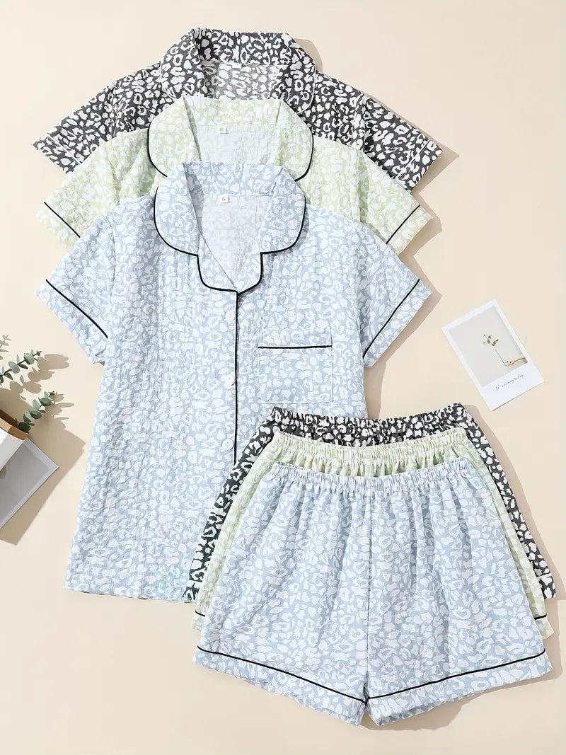 3pcs Women'S Pajama Set with Short Sleeves and Shorts 2